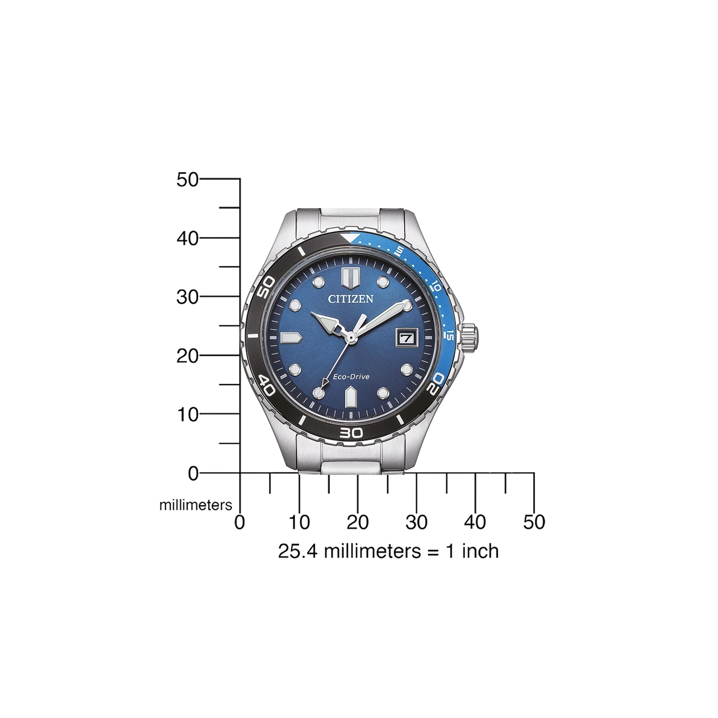 Citizen-kello, jossa sininen kellotaulu, musta ja sininen kehys ja hopeinen ranneke. Eco-Drive.