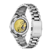 Citizen-kellon takaosa, näkyvä mekanismi, ruostumaton teräs, ranneke, Japan.