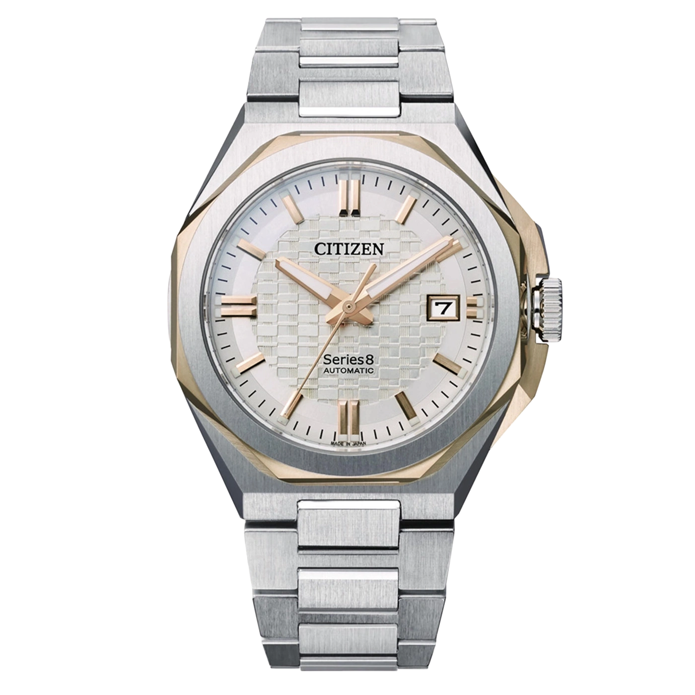 Citizen Series 8 automaattikello hopean ja kullanvärisellä rungolla ja rannekkeella.