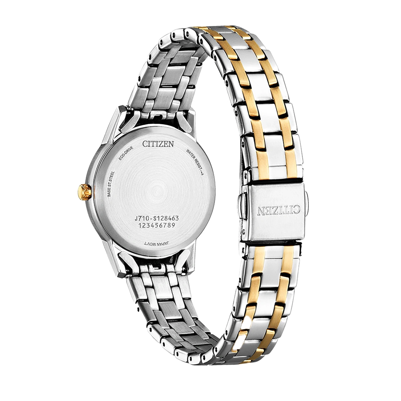 Citizen-kellon takaosa, hopea- ja kultaranneke, Eco-Drive, vedenkestävä, Japanin liike.