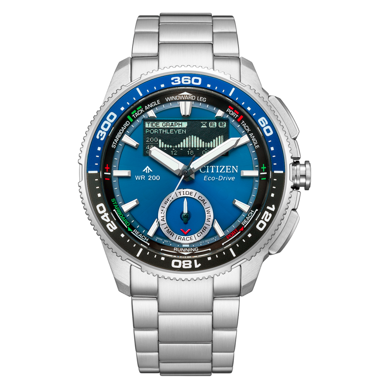 Citizen Eco-Drive -kello, jossa on sininen kellotaulu ja metalliranneke.