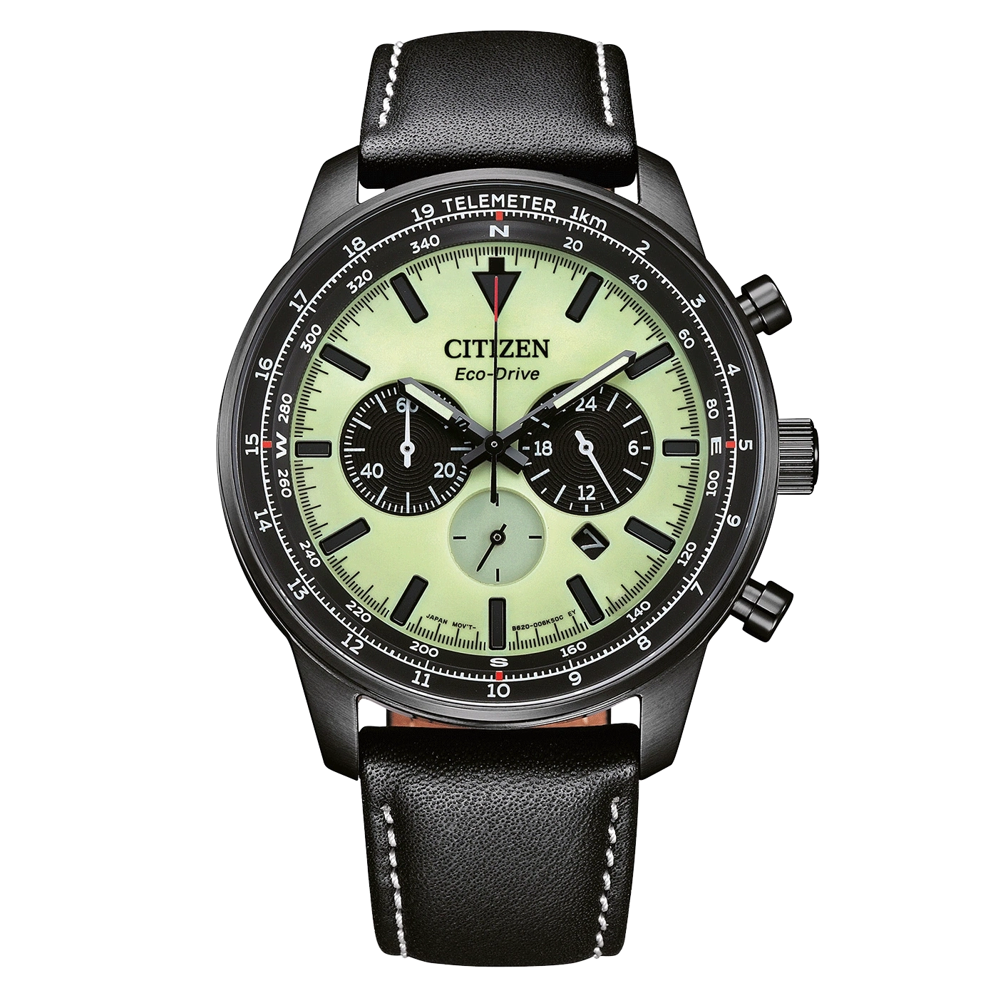 Citizen Eco-Drive -kello, jossa musta nahkaranneke ja kronografin kellotaulut