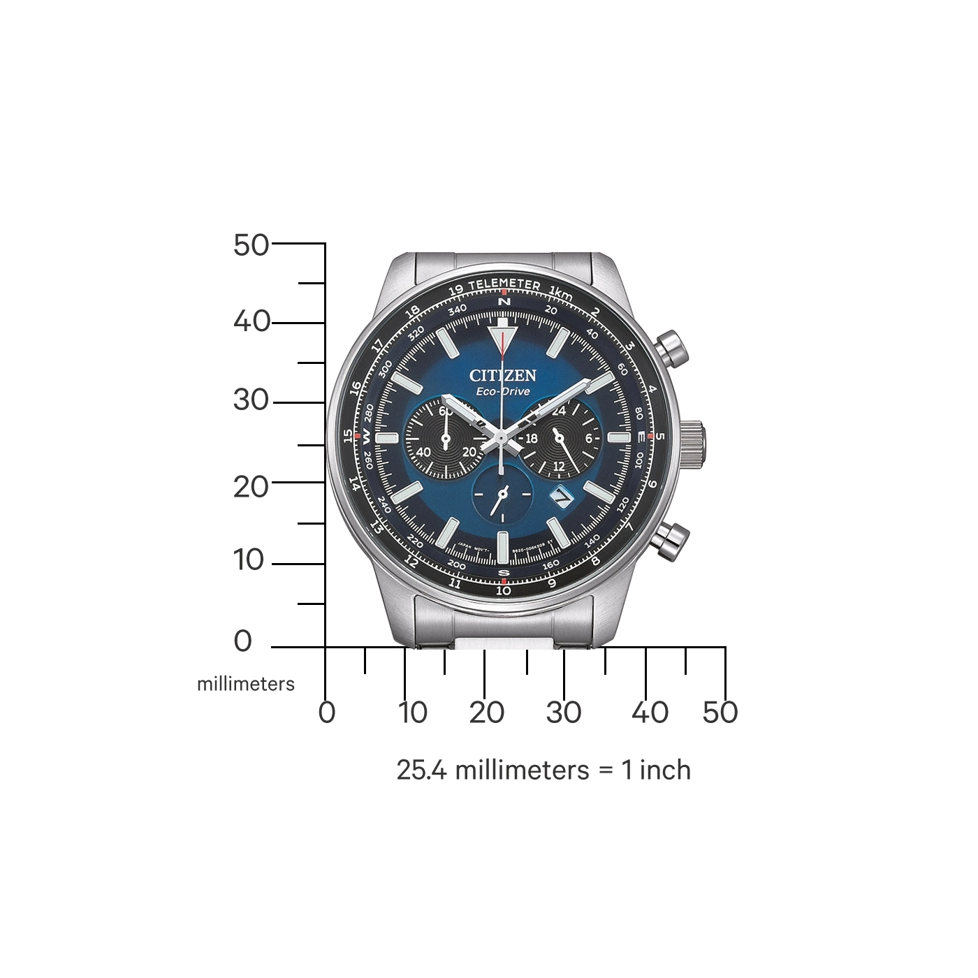 Citizen Eco-Drive -kello, jossa on mittaukset millimetreissä ja tuumissa, sininen kellotaulu.