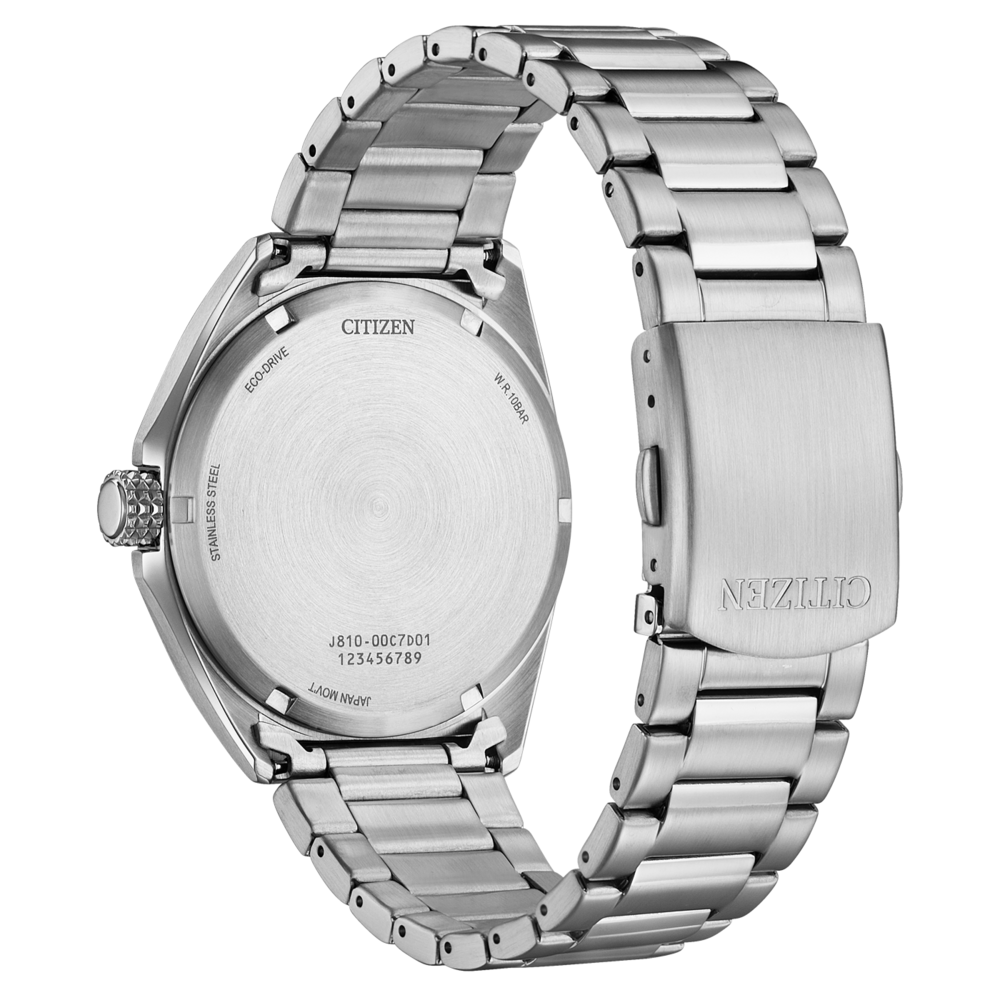 Citizen-kellon takaosa, ruostumaton teräs, Eco-Drive, Japanin liike, W.R. 10BAR, J810-00C7D1