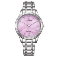 Citizen-kello, jossa vaaleanpunainen kellotaulu ja hopeinen ranneke, tyylikäs muotoilu.