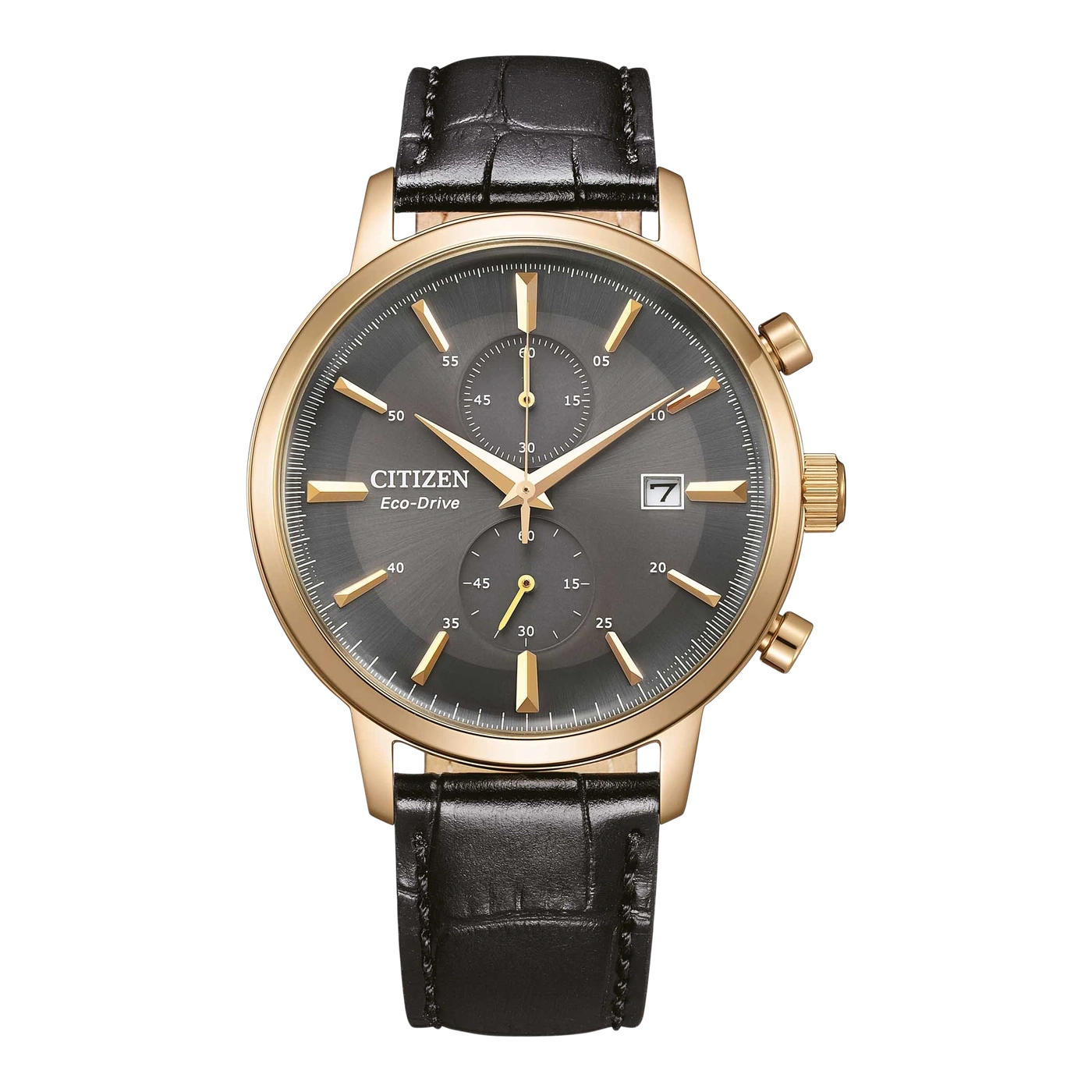 Citizen Eco-Drive -kello, jossa musta nahkaranneke ja kultaiset yksityiskohdat.