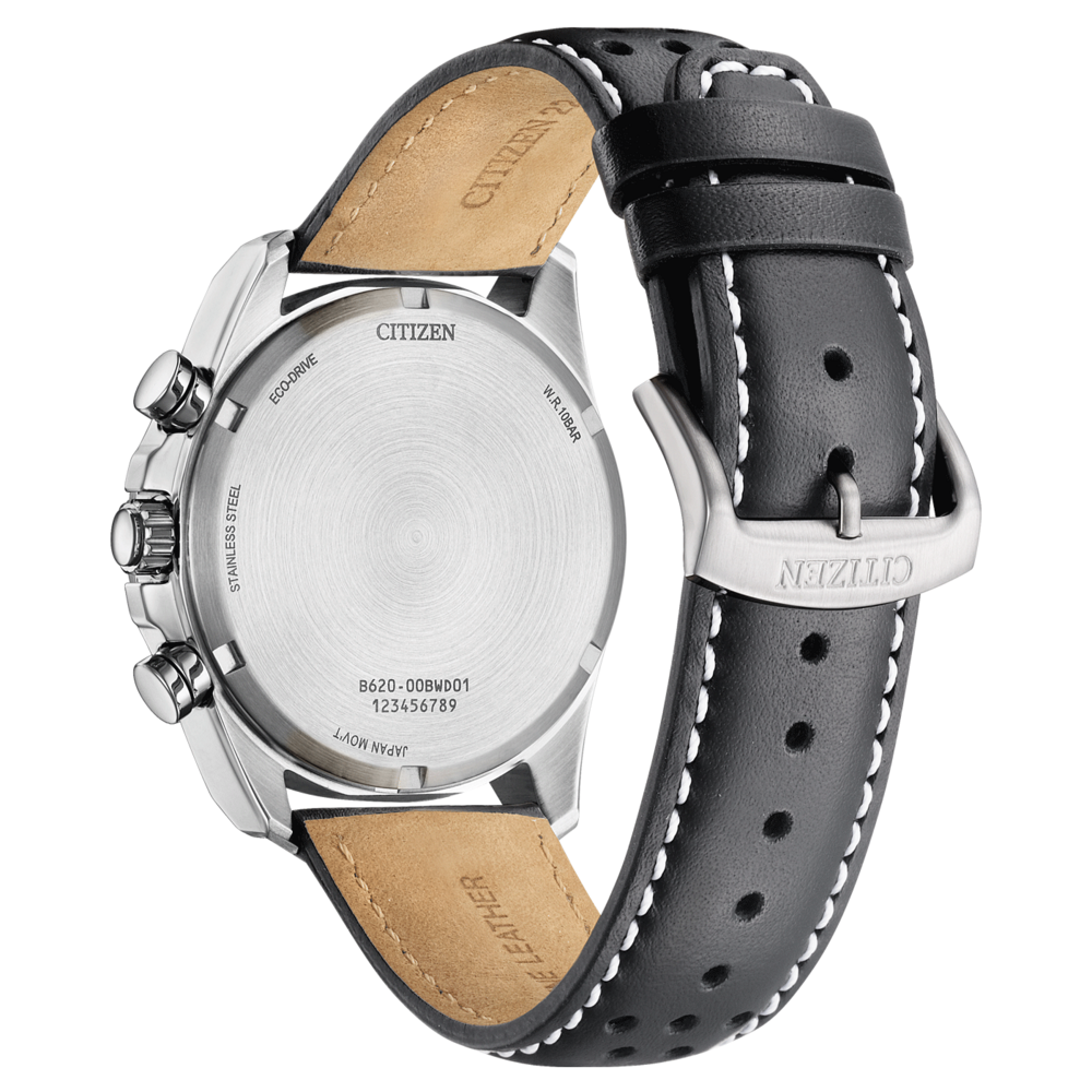 Citizen-kellon takaosa nahkahihnalla, ruostumaton teräs, Eco-Drive, W.R.10BAR