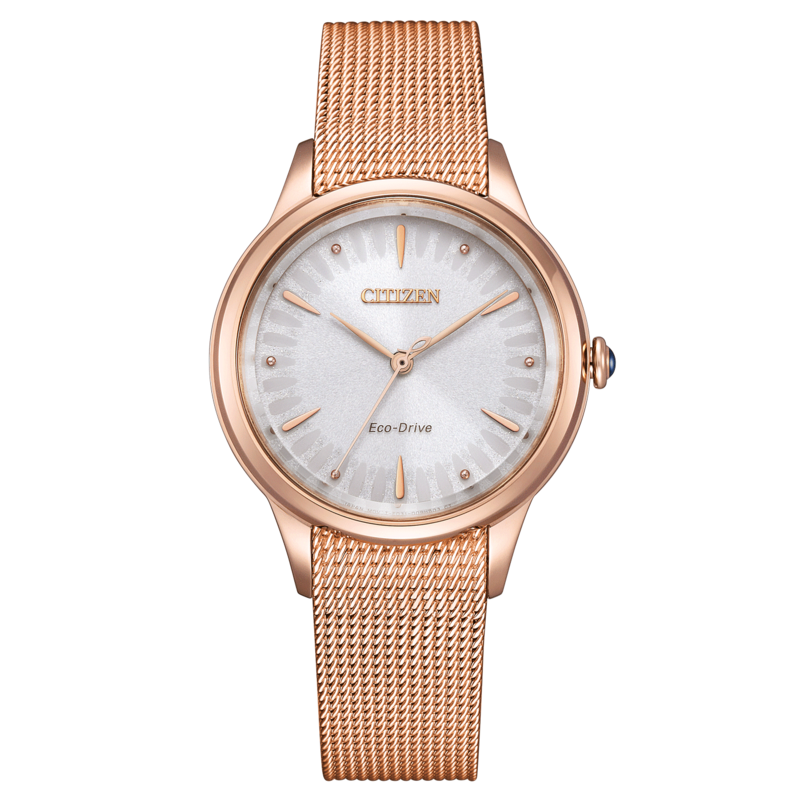 Ruusukultainen Citizen-kello, jossa valkoinen kellotaulu ja verkkohihna.