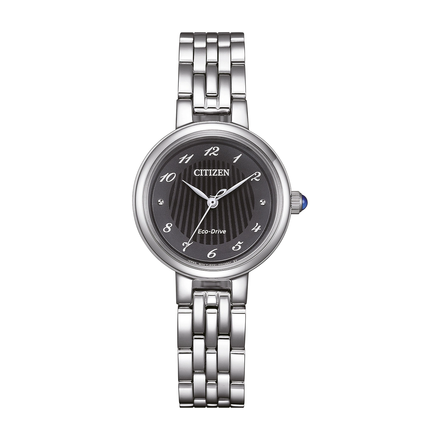 Citizen-kello, jossa musta kellotaulu, hopeinen ranneke ja Eco-Drive-tekniikka.