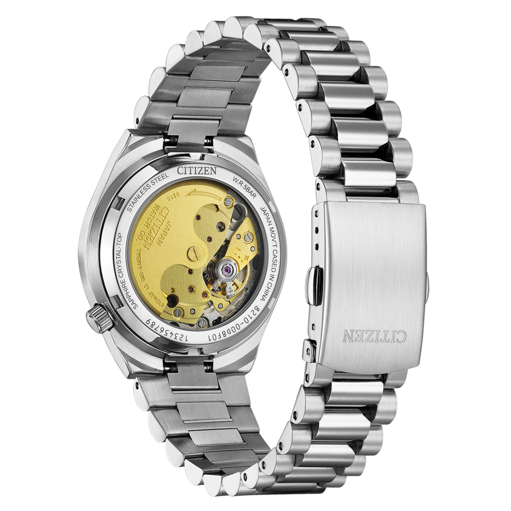 Citizen-kellon takaosa, ruostumaton teräs, safiirikristalli, japanilainen koneisto.