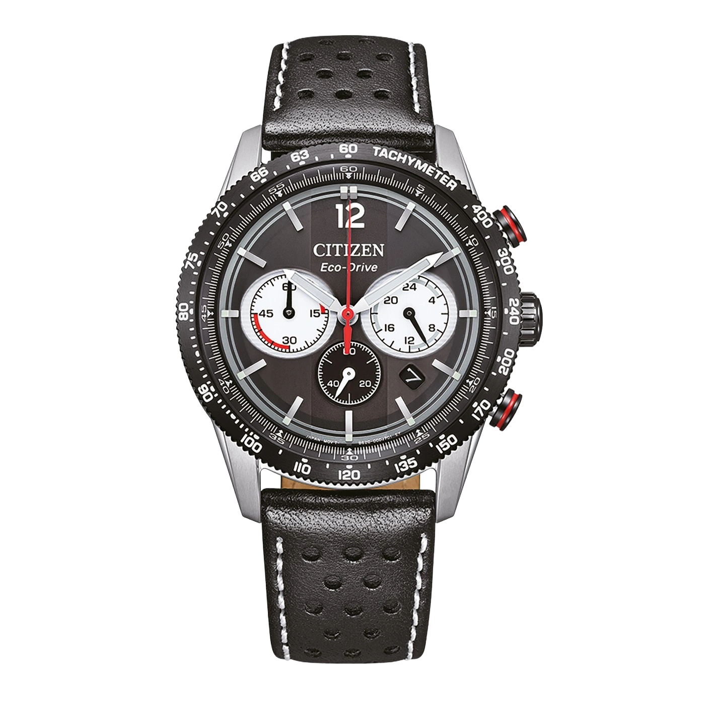 Musta Citizen Eco-Drive kronografikello nahkarannekkeella.