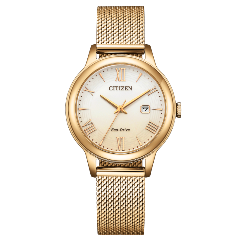 Kultainen Citizen-kello valkoisella kellotaululla ja verkkorannekkeella, tyylikäs muotoilu.