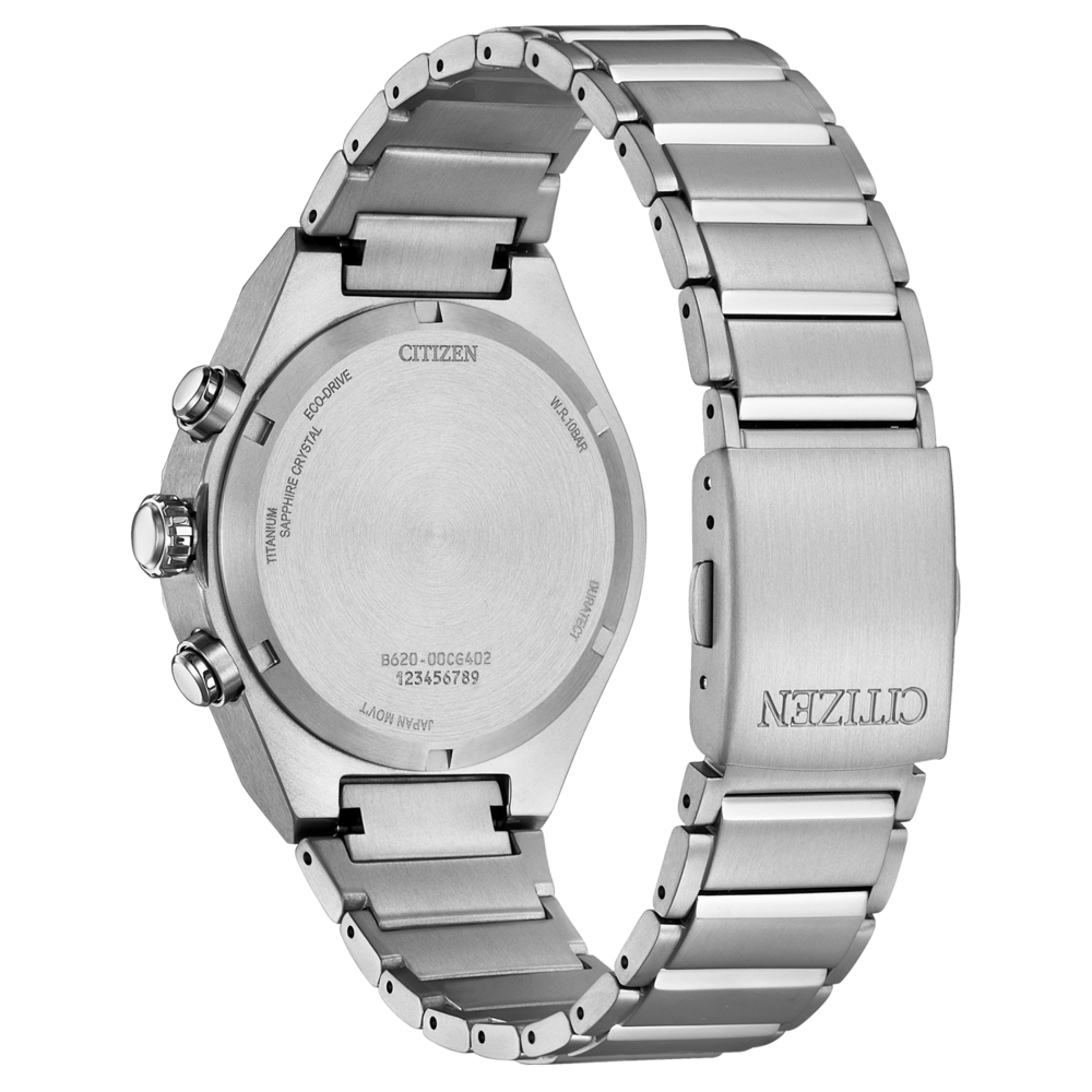 Citizen-kellon takaosa, titaani, safiirikristalli, Eco-Drive, W.R. 10BAR, Japan Movt.