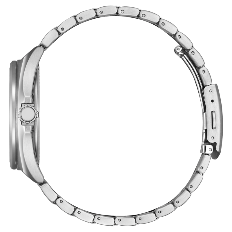 Hopeinen rannekello metallirannekkeella sivusta, tyylikäs muotoilu.