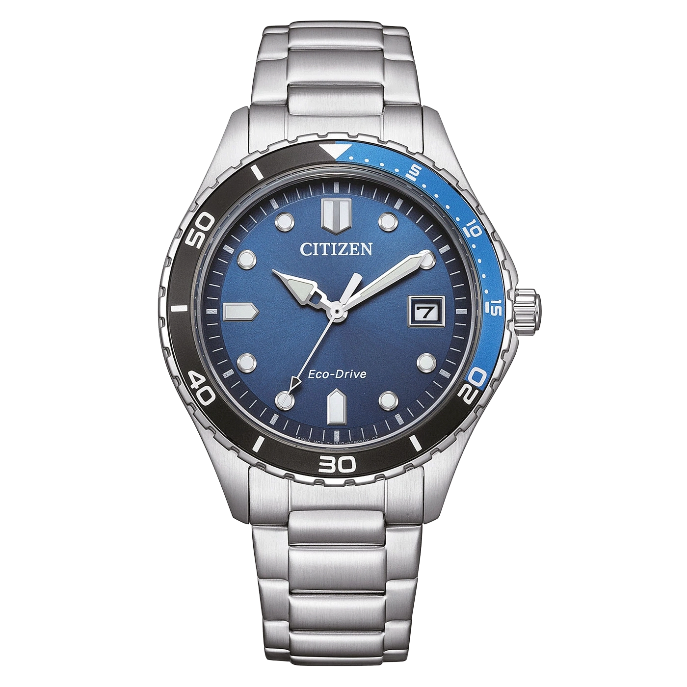 Citizen-kello, jossa sininen kellotaulu ja hopeinen ranneke, Eco-Drive-tekniikka.