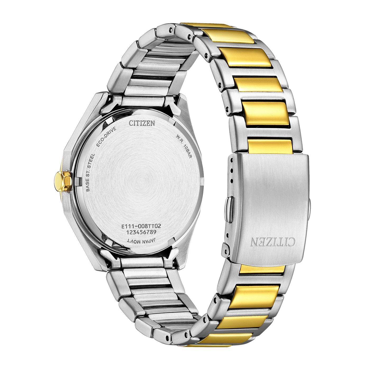 Citizen-kellon takaosa, hopea ja kulta, Eco-Drive, Japanin koneisto, W.R. 10BAR