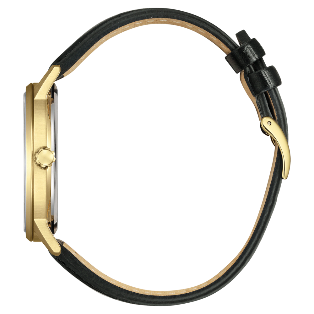 Kultainen kello mustalla nahkahihnalla, sivukuva, tyylikäs muotoilu