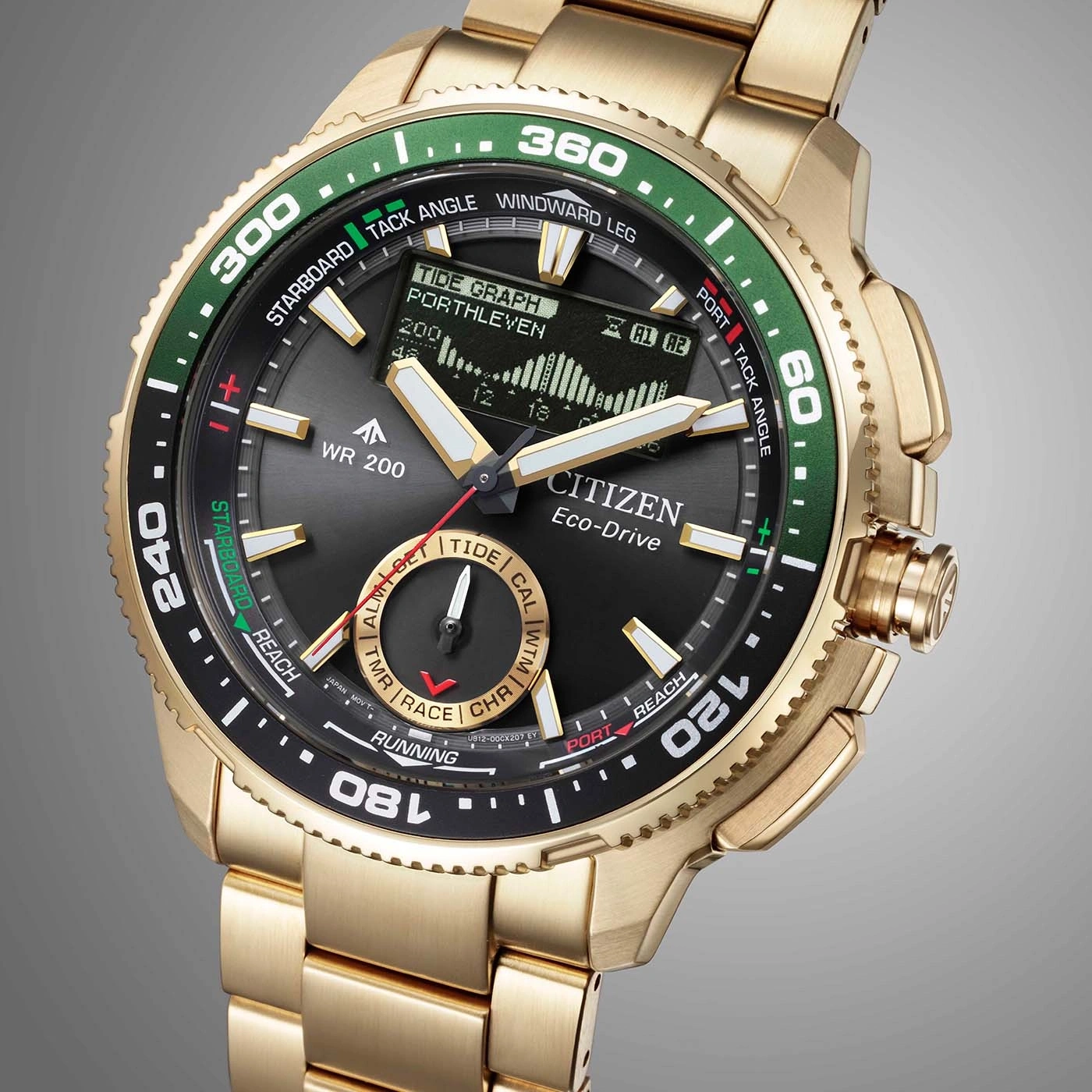 Kultainen Citizen Eco-Drive-kello, jossa musta kellotaulu ja vihreä kehys, näyttää vuorovesigraafin tietoja.