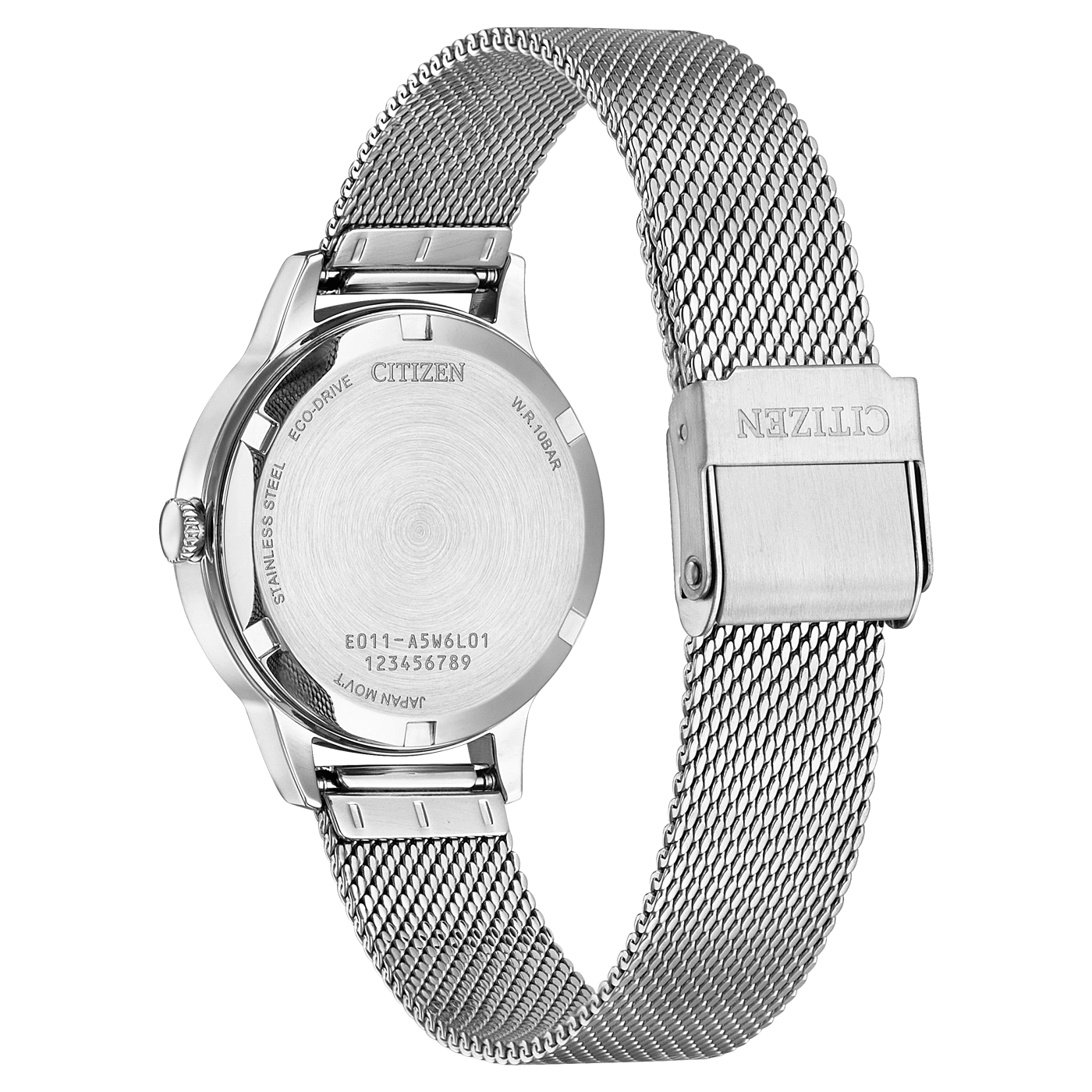 Citizen-kellon takaosa ruostumattomasta teräksestä ja verkkovyöstä, Eco-Drive, W.R.10BAR