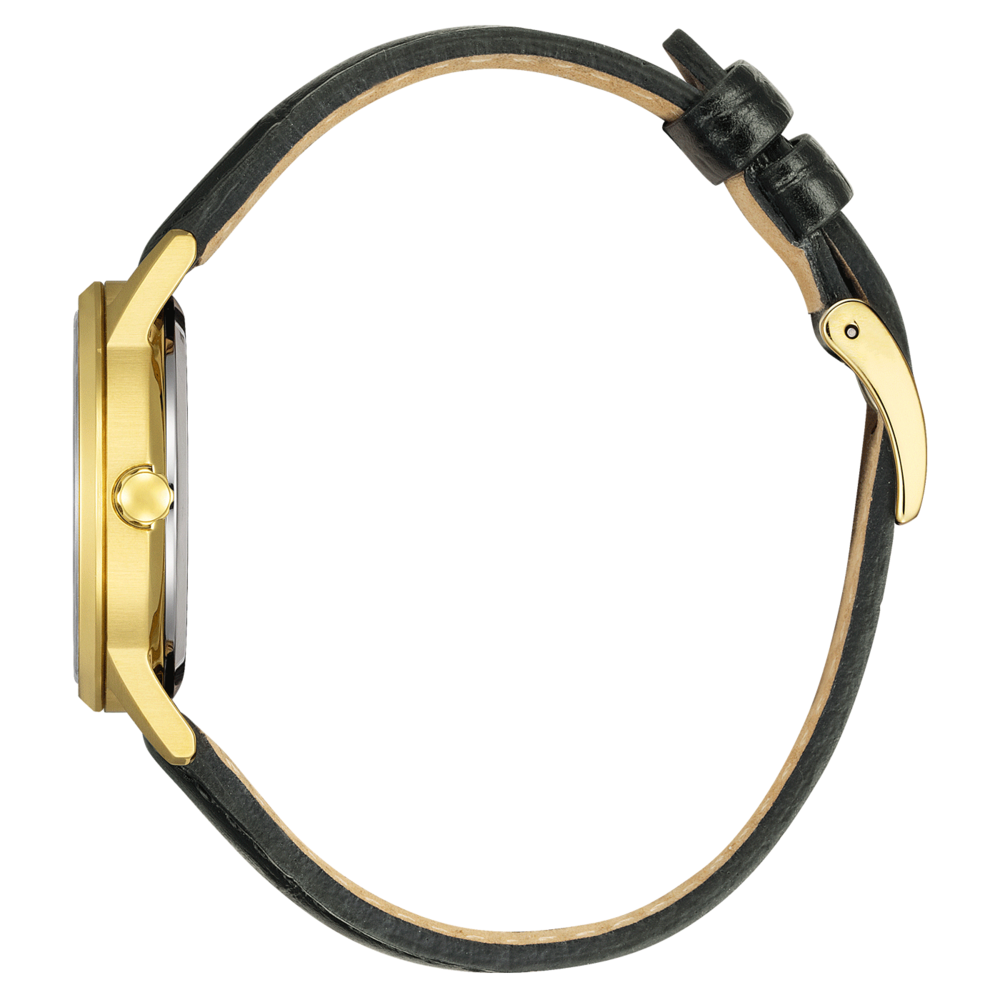 Kultainen kello mustalla nahkahihnalla, sivukuva, tyylikäs muotoilu, ylellinen asuste
