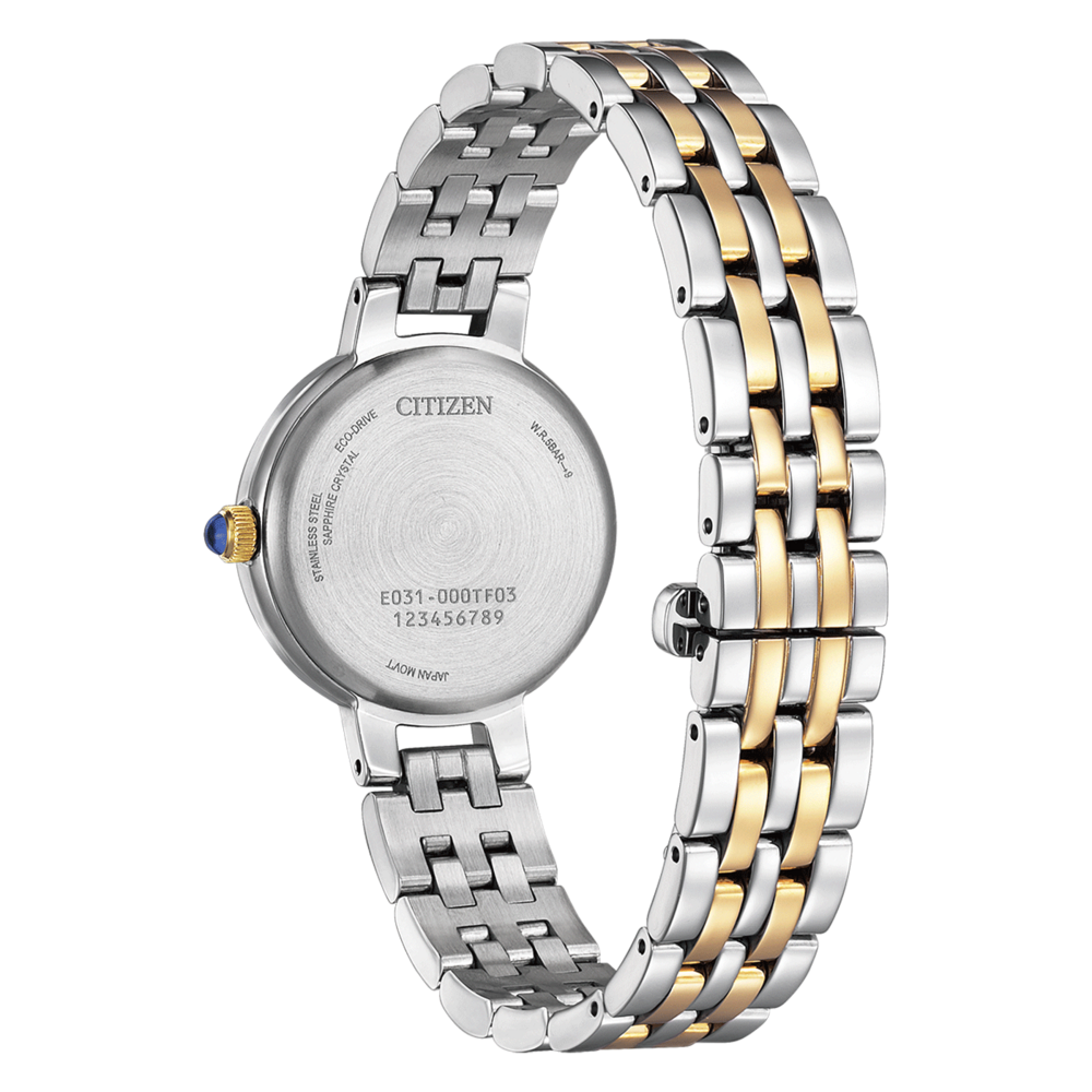 Citizen-kellon takaosa, ruostumaton teräs, safiirikristalli, Eco-Drive, japanilainen koneisto, kultaiset yksityiskohdat