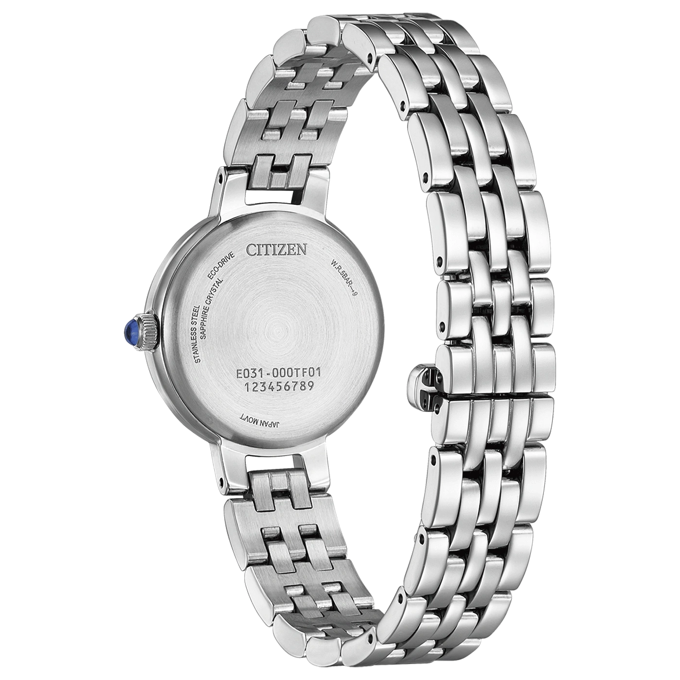 Citizen-kellon takaosa, ruostumaton teräs, safiirikristalli, Eco-Drive, Japan Movt, W.R.5BAR-9