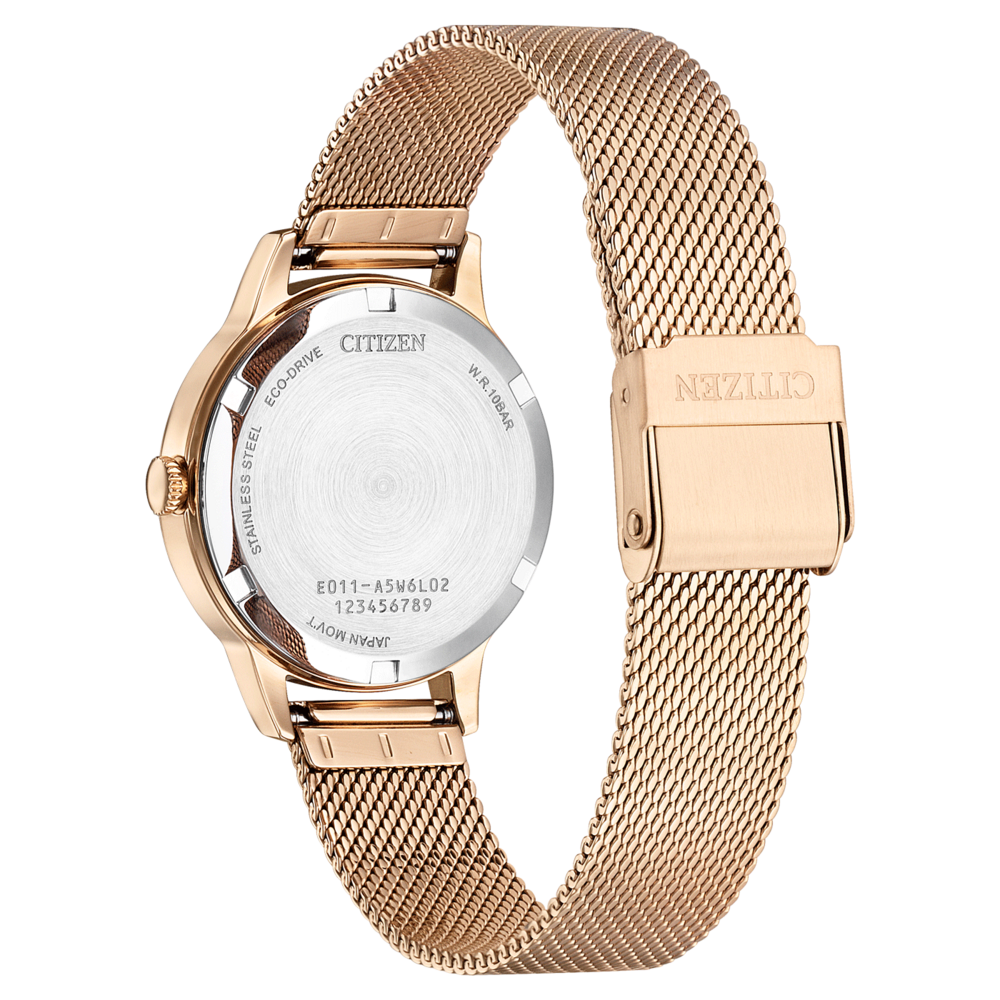 Citizen-kellon takaosa, ruusukulta, ruostumaton teräs, Eco-Drive, W.R.10BAR, Japan Mov't