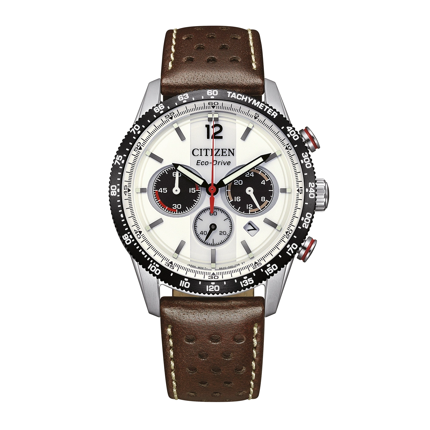 Valkoinen Citizen Eco-Drive kronografikello ruskealla nahkarannekkeella.