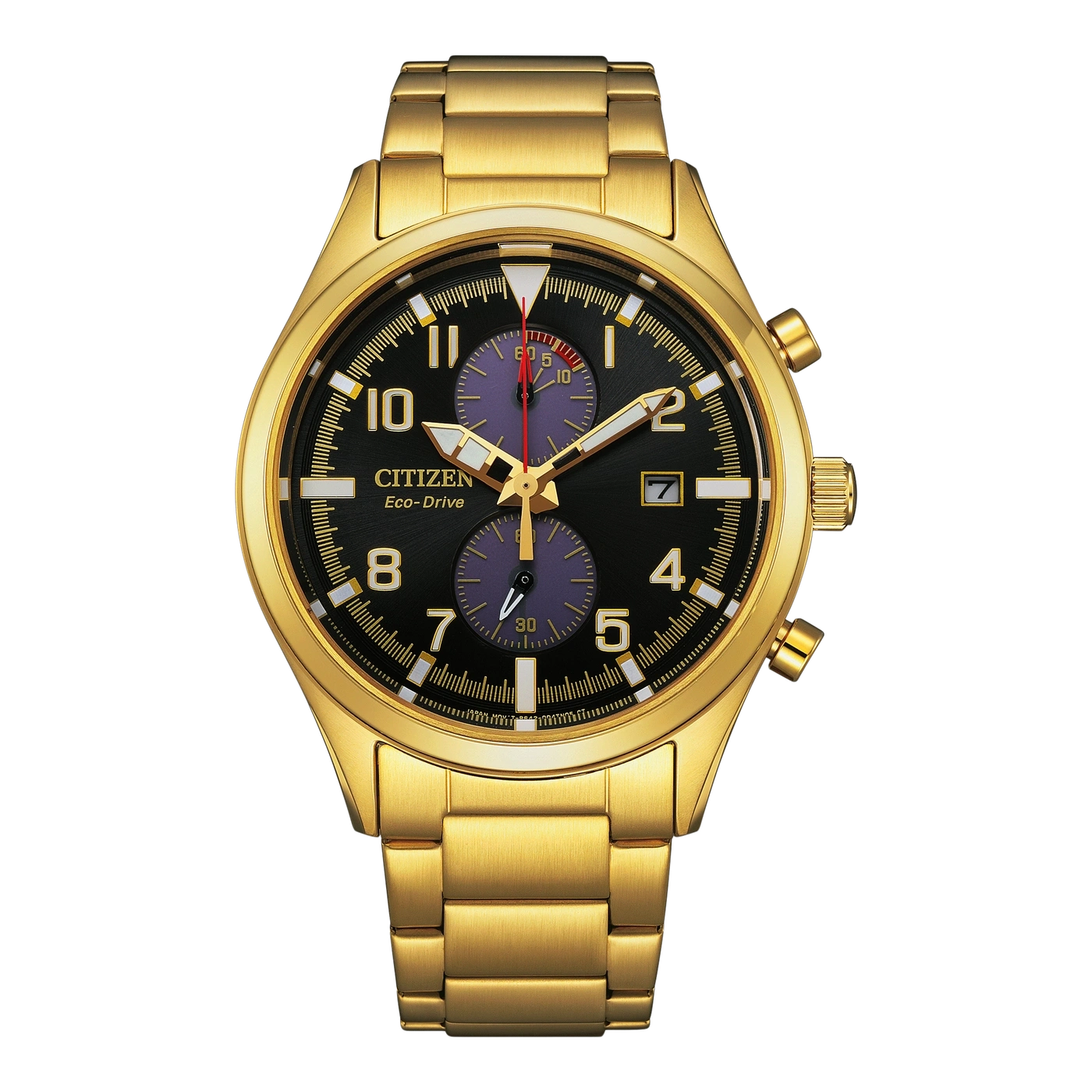 Kultainen Citizen Eco-Drive -kello, jossa musta kellotaulu ja kronografiominaisuudet.