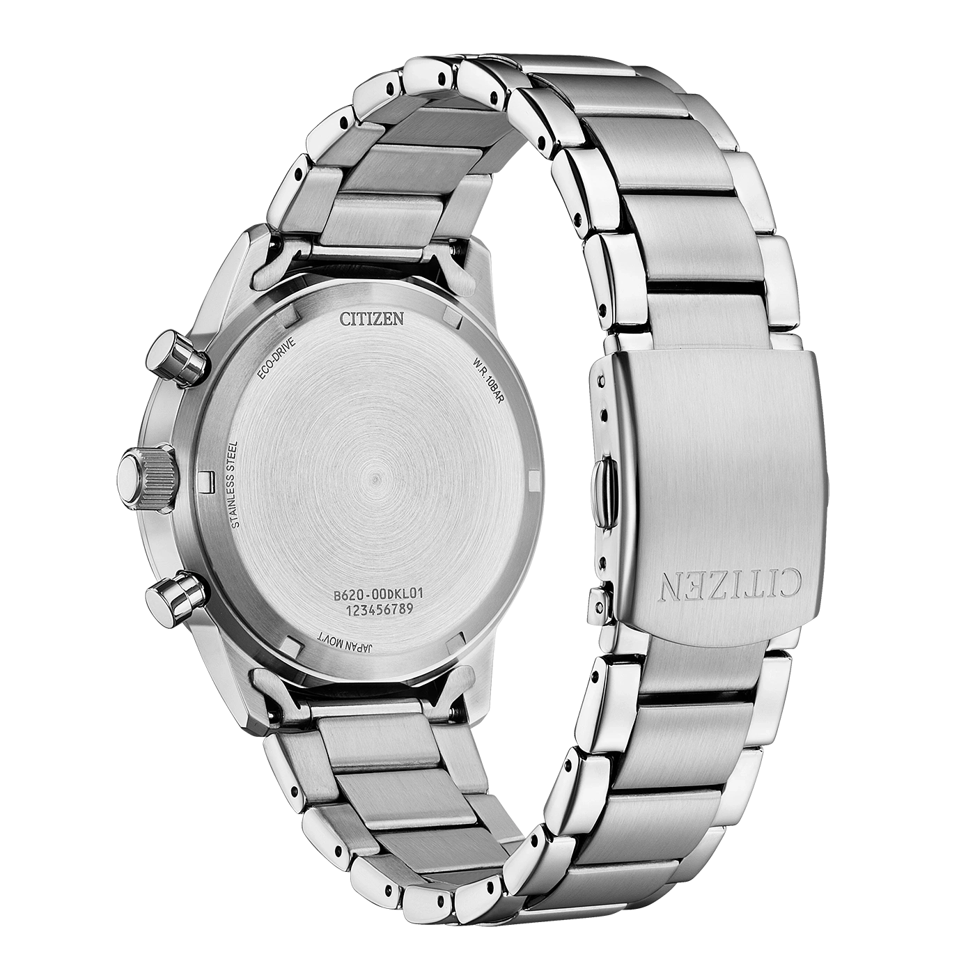 Hopeisen Citizen Eco-Drive -kellon takaosa, mallinumero B620-00DKL01.