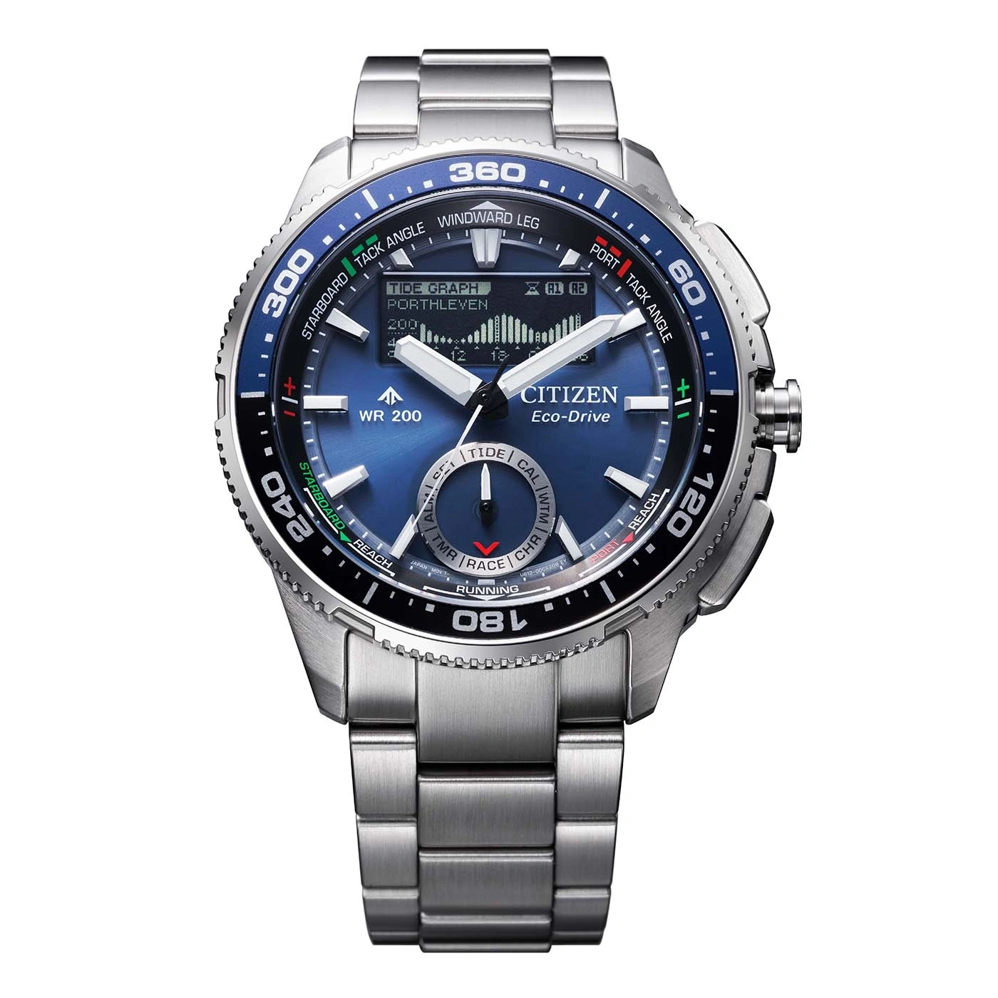 Lähikuva Citizen Eco-Drive -kellosta, jossa on sininen kellotaulu ja metalliranneke.