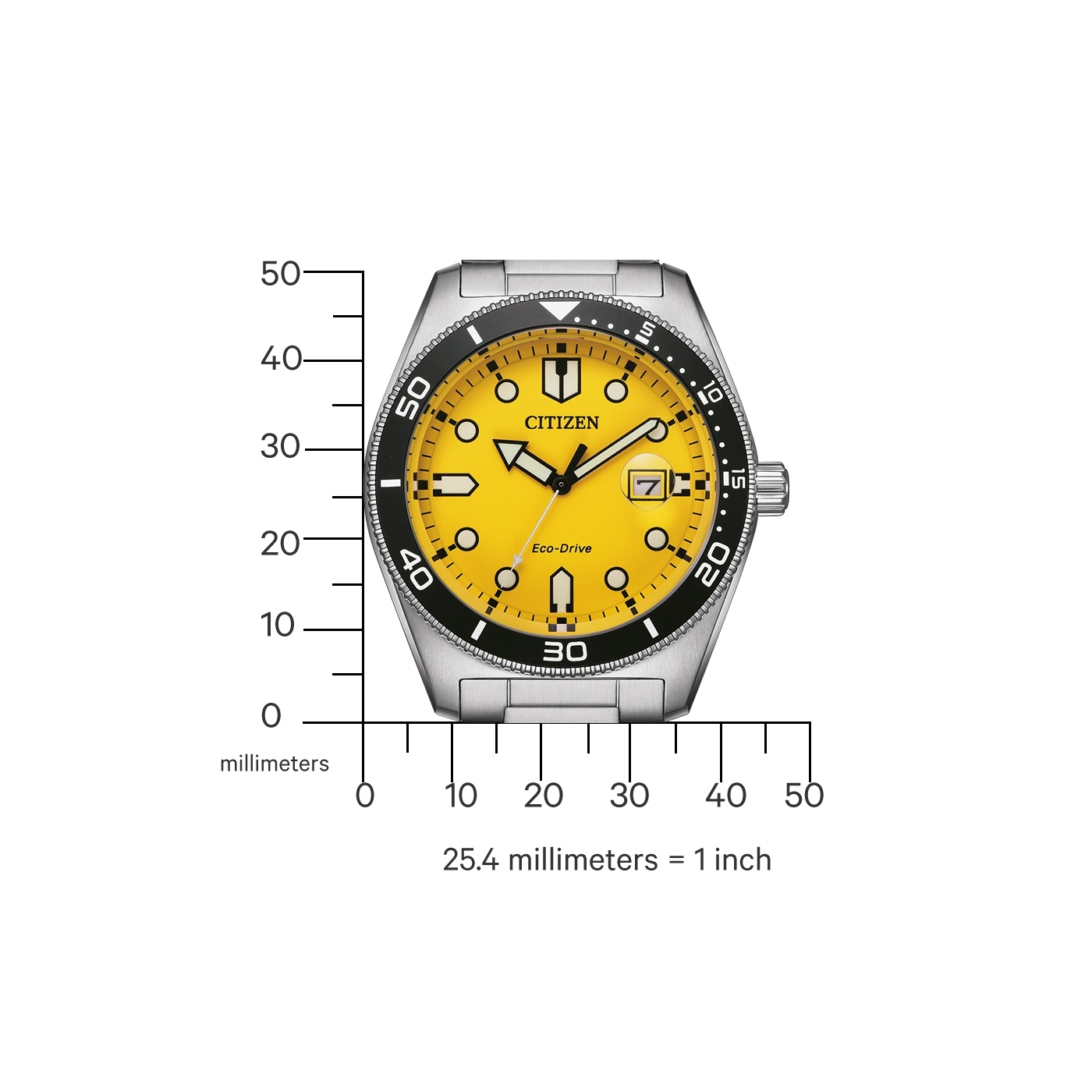 Citizen-kello, jossa on keltainen kellotaulu, musta kehys ja hopeinen ranneke. Eco-Drive.