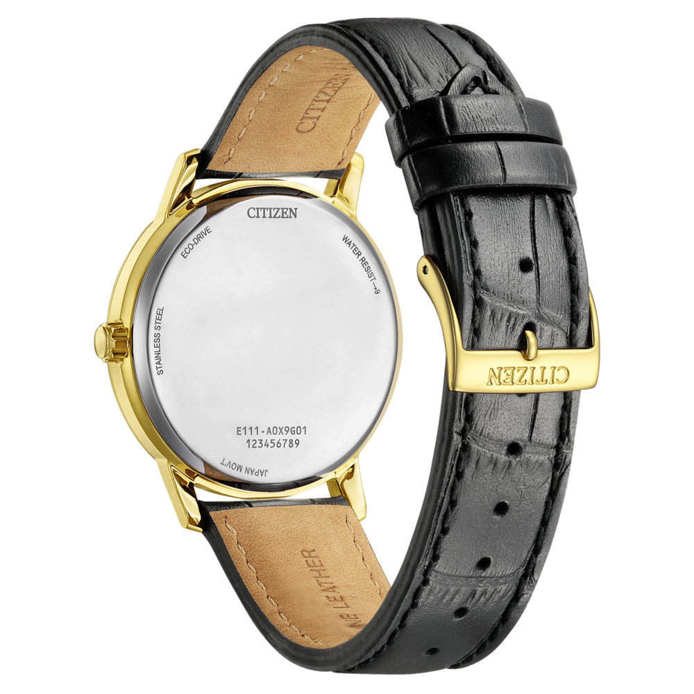 Citizen-kellon takaosa, kultainen kotelo, musta nahkaranneke, vedenkestävä, ruostumaton teräs, eco-drive