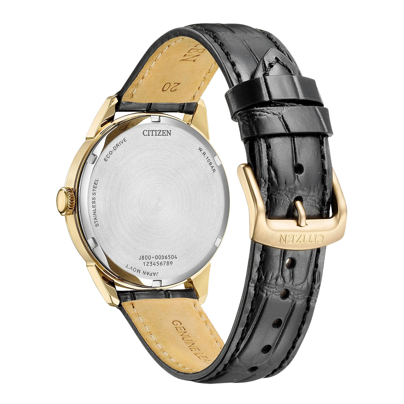 Kultaisen Citizen Eco-Drive -kellon takaosa mustalla nahkarannekkeella.
