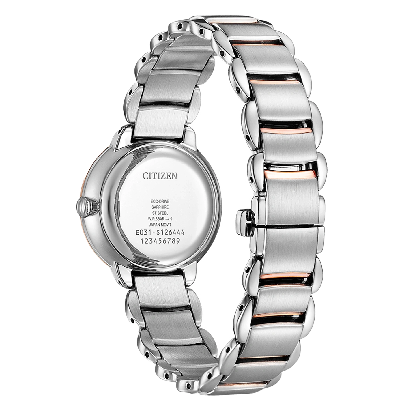 Citizen-kello hopea- ja ruusukultakoristeilla, Eco-Drive, safiirikristalli