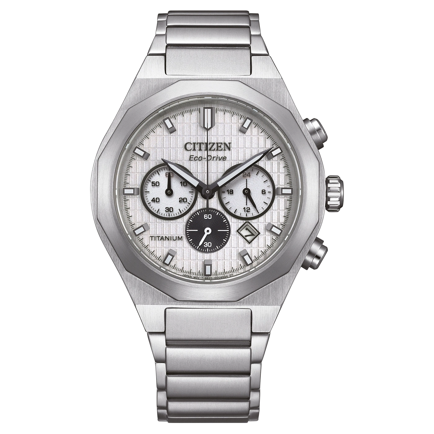 Citizen Eco-Drive titaaninen rannekello kronografilla ja hopeisella kellotaululla