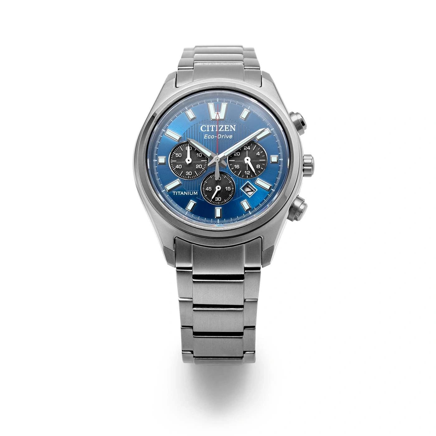 Sininen Citizen Eco-Drive titaanikello kronografin alivalitsimilla.