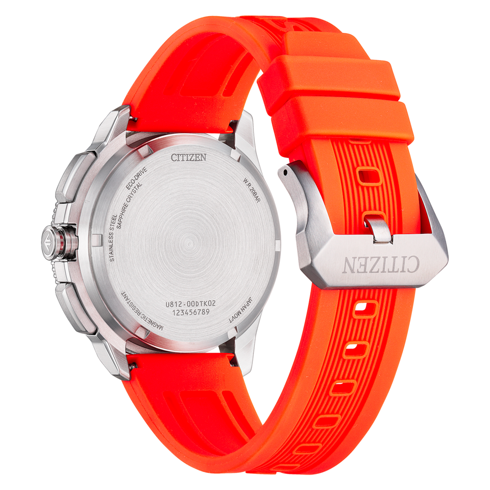 Citizen Eco-Drive -kellon takakuva oranssilla rannekkeella ja hopeakotelo.