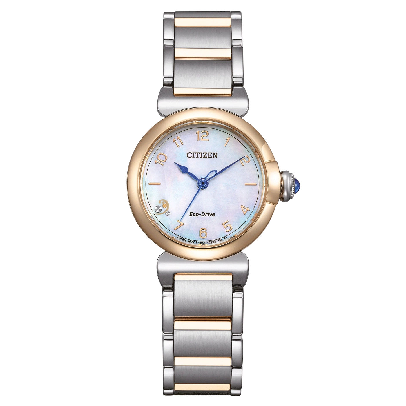 Citizen Eco-Drive -kello, jossa kulta- ja hopearanneke, siniset osoittimet ja helmiäisvalitsin.