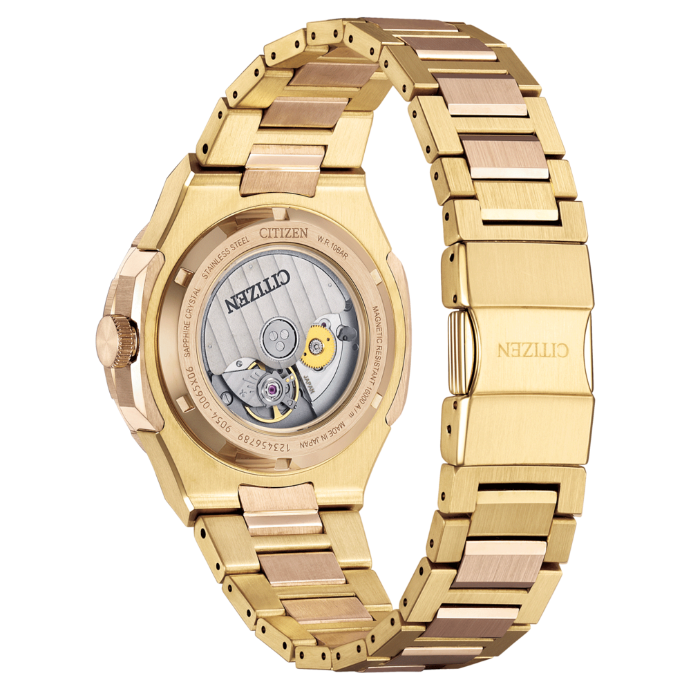 Kultainen Citizen-kellon takaosa, safiirikristalli, ruostumaton teräs, japanilainen koneisto, ranneke.