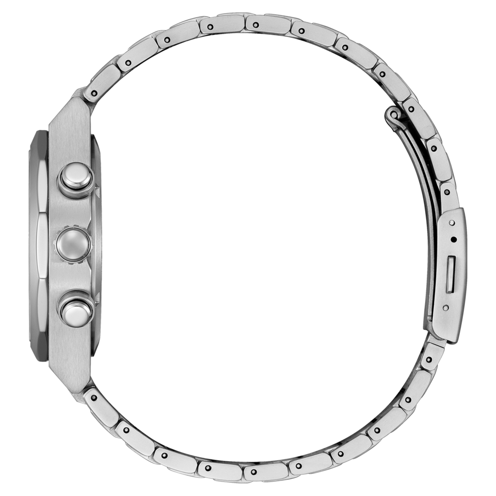 Hopeinen kello metallirannekkeella, sivukuva, painikkeet näkyvissä, tyylikäs muotoilu.