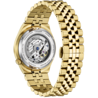 Kultainen Citizen-kello, jossa läpinäkyvä takaosa, joka näyttää mekanismin ja rannekkeen.