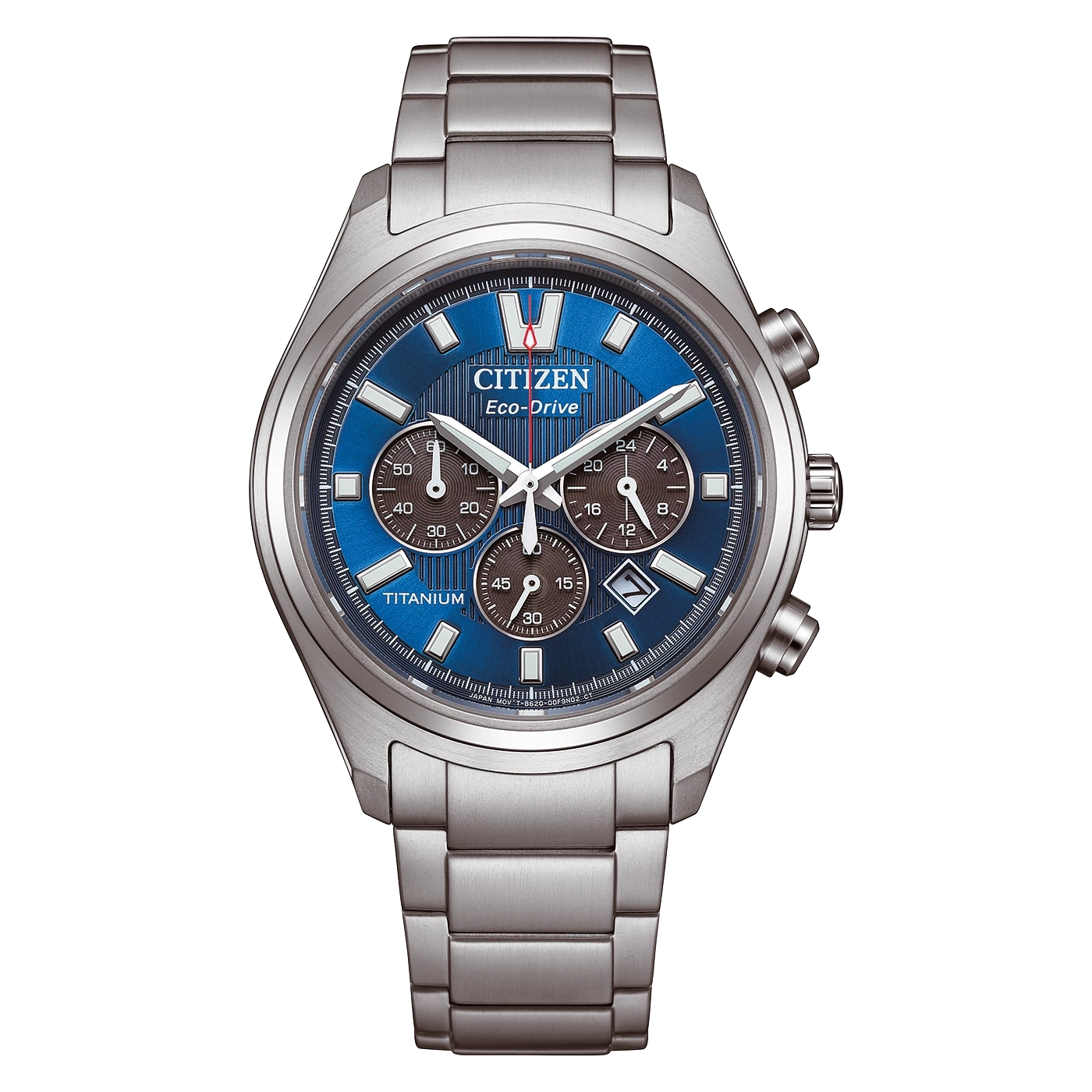 Lähikuva hopeanvärisestä Citizen Eco-Drive titaanirannekellosta, jossa on sininen kellotaulu.