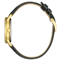 Kultainen kello mustalla nahkahihnalla, sivukuva, tyylikäs muotoilu, ylellinen asuste