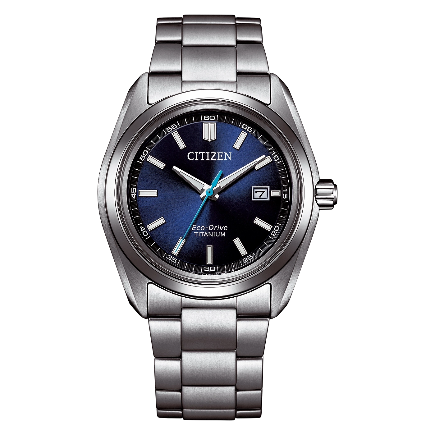 Hopeinen Citizen Eco-Drive titaanirannekello sinisellä kellotaululla.