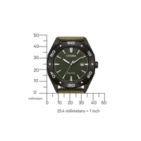 Citizen-kello, jossa musta kotelo, vihreä kellotaulu ja oliivinvihreä ranneke. Eco-Drive-tekniikka.