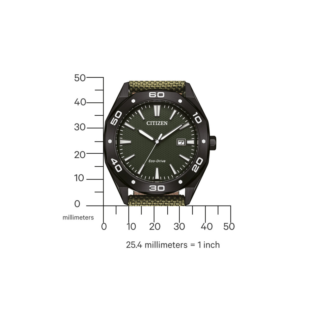 Citizen-kello, jossa musta kotelo, vihreä kellotaulu ja oliivinvihreä ranneke. Eco-Drive-tekniikka.