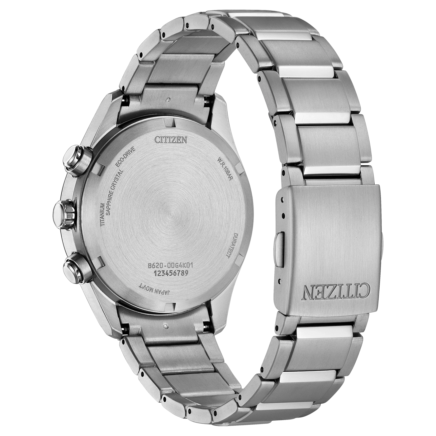 Hopeisen Citizen Eco-Drive -kellon takaosa tekstillä.