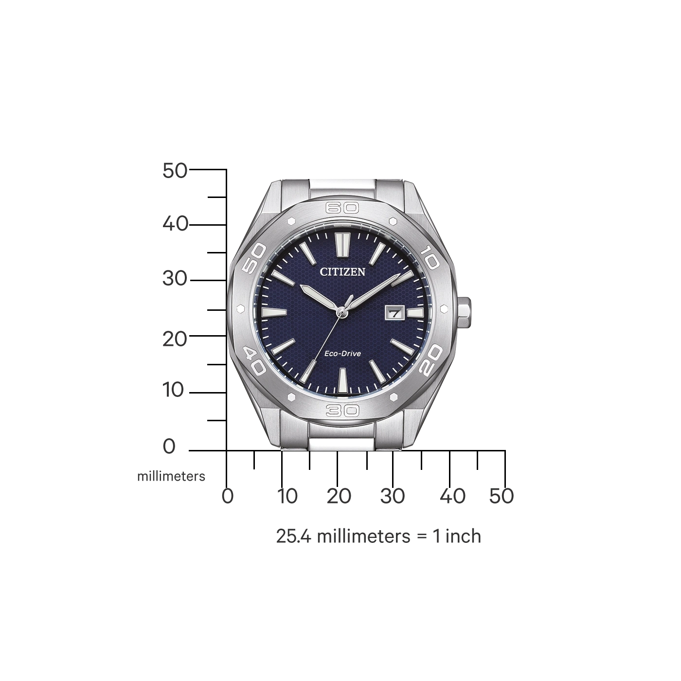 Citizen-kello, jossa sininen kellotaulu, hopeinen kehys ja Eco-Drive-tekniikka. Näyttää ajan.